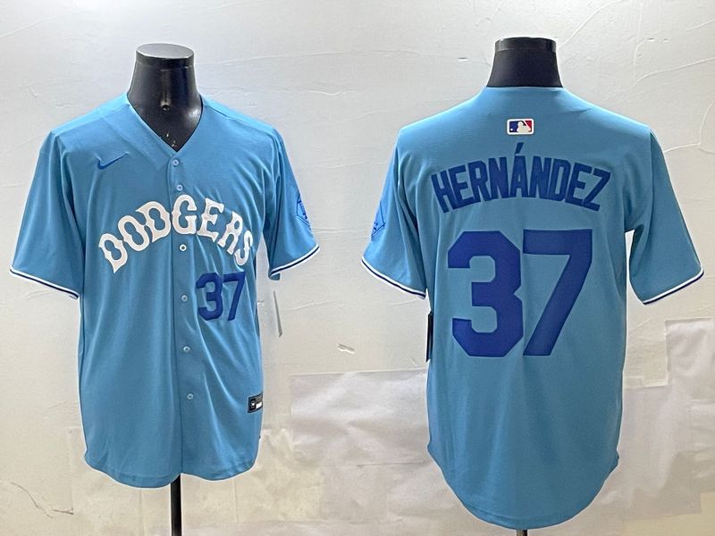 Men Los Angeles Dodgers #37 Hernandez Light Blue Joint Name 2025 Nike MLB Jersey style 11